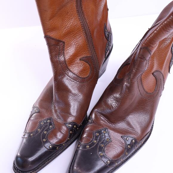 STUART WEITZMAN Leather Studded Cowgirl Boots Brown Mid-Calf Heeled Women's 6M - Picture 5 of 8